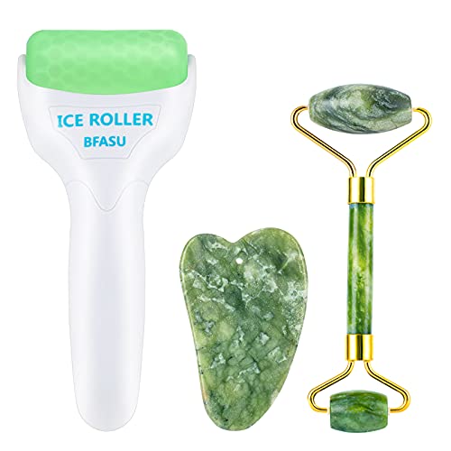 BFASU Facial Roller Set of 3, Ice Roller, Two-sided Jade Roller and Gua Sha M...