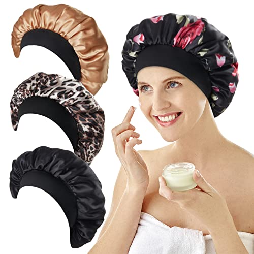 4Pcs Large Satin Bonnet,Silk Bonnet With Wide Elastic Band,Hair Bonnet for Cu...