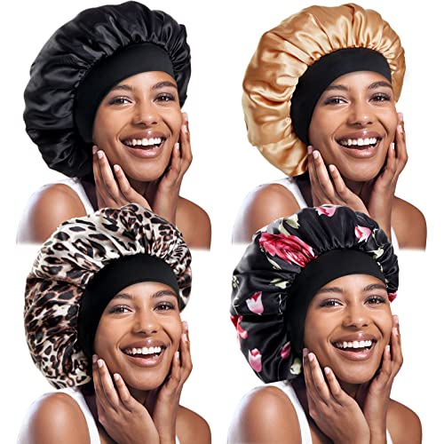 4Pcs Large Satin Bonnet,Silk Bonnet With Wide Elastic Band,Hair Bonnet for Cu...