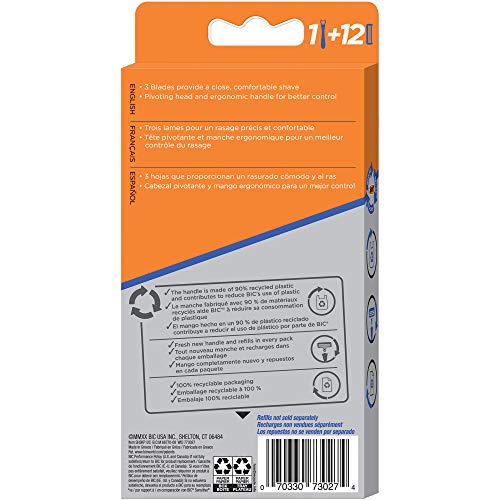 BIC Comfort 3 Hybrid Men's Disposable Razor, 3 Blades, 12 Cartridges and 1 Ha...