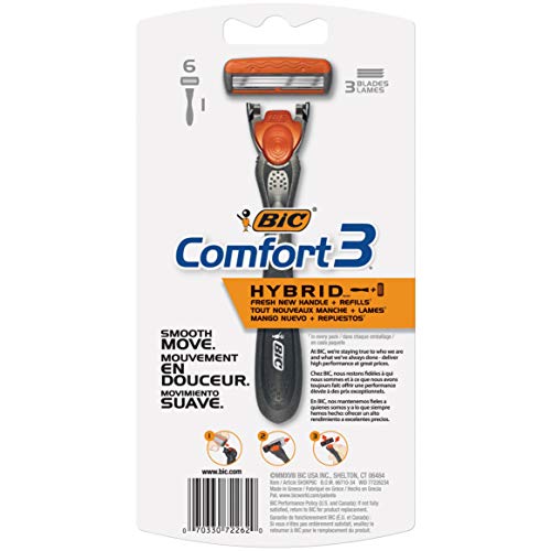 BIC Comfort 3 Hybrid Men's Disposable Razor, 3 Blades, 12 Cartridges and 1 Ha...