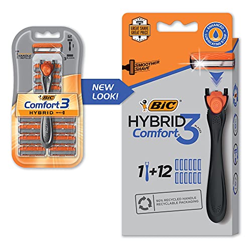 BIC Comfort 3 Hybrid Men's Disposable Razor, 3 Blades, 12 Cartridges and 1 Ha...