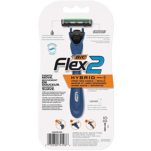 BIC Flex 2 Hybrid Men's Twin Blade Razor, One Handle 10 Cartridges, Set