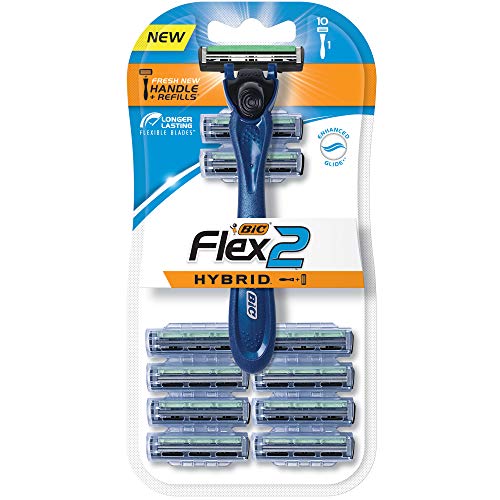 BIC Flex 2 Hybrid Men's Twin Blade Razor, One Handle 10 Cartridges, Set