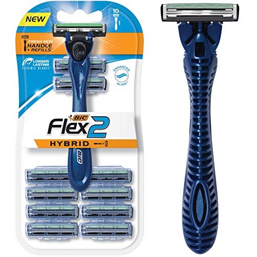 BIC Flex 2 Hybrid Men's Twin Blade Razor, One Handle 10 Cartridges, Set