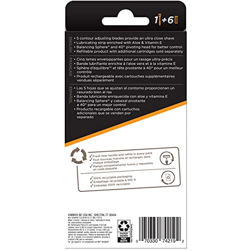 BIC Flex 5 Hybrid Men's 5-Blade Disposable Razor, 1 Handle and 6 Cartridges ,...