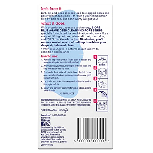Bioré Blue Agave Pore Strips, Nose Strips for Combination Skin, with Instant ...