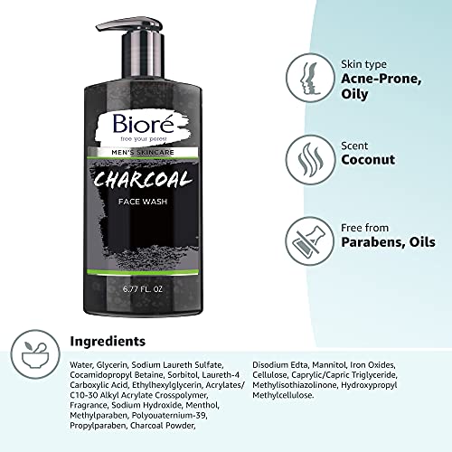 Bioré Men's Skincare Charcoal Face Wash, Deep Cleans Pores & Refreshes Skin, ...