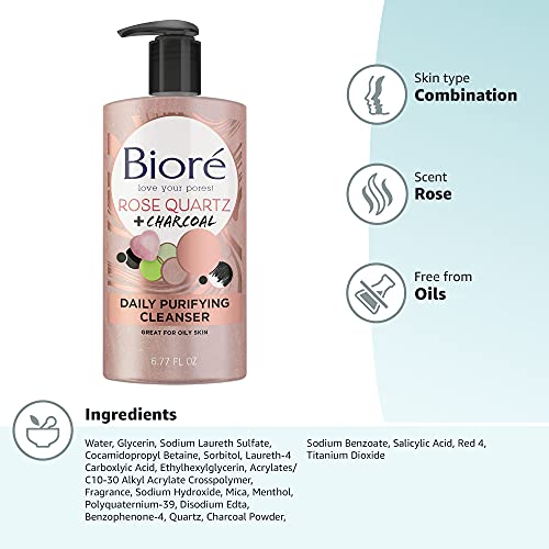 Bioré Rose Quartz + Charcoal Daily Face Wash, Oil Free Facial Cleanser Energi...