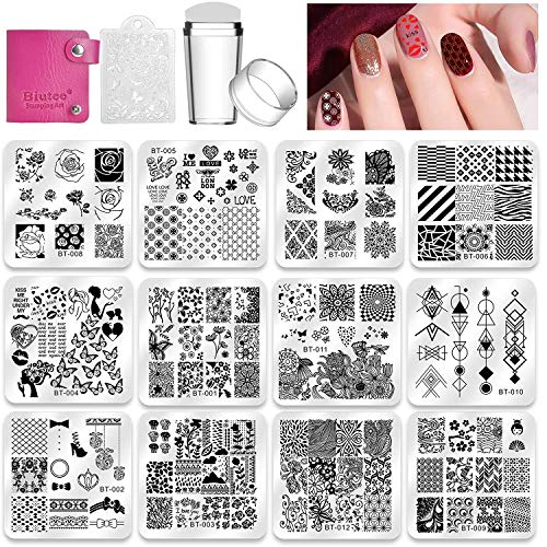 Biutee Nail Stamping Plates Set 12pcs Nail Plates 1stamper 1scraper 1storage ...