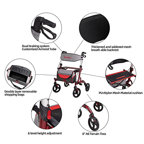 BlessReach Four Wheel Walker Rollator Walker with Seat 8" Wheels- Easy Foldin...