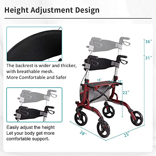 BlessReach Four Wheel Walker Rollator Walker with Seat 8" Wheels- Easy Foldin...