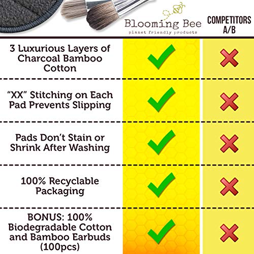 BLOOMING BEE 12 Charcoal Bamboo Reusable Makeup Remover Pads with Laundry Bag...