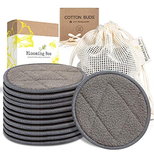 BLOOMING BEE 12 Charcoal Bamboo Reusable Makeup Remover Pads with Laundry Bag...
