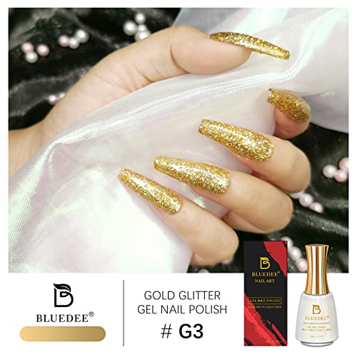 Bluedee Glitter Gel Nail Polish-Gold 15ml Soak off UV Nail Gel Polish High-en...