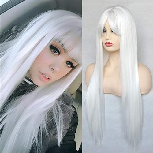 BLUPLE Long Straight None-Lace Wigs #1001 Platinum White Synthetic Hair Wigs ...