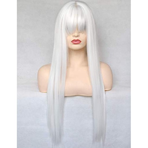 BLUPLE Long Straight None-Lace Wigs #1001 Platinum White Synthetic Hair Wigs ...