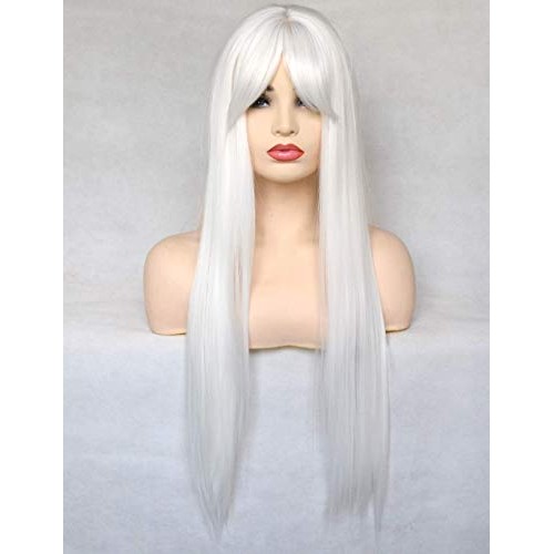 BLUPLE Long Straight None-Lace Wigs #1001 Platinum White Synthetic Hair Wigs ...