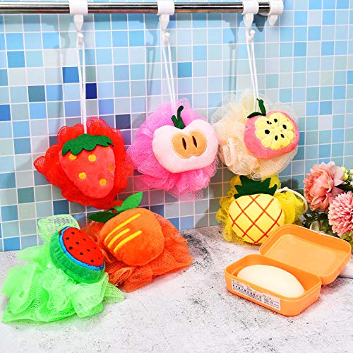 6 Pieces Cute Fruit Bath Shower Sponge Loofahs Mesh Pouf Shower Ball Colorful...