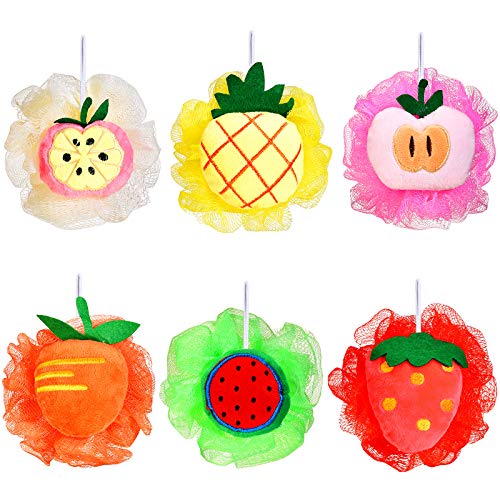 6 Pieces Cute Fruit Bath Shower Sponge Loofahs Mesh Pouf Shower Ball Colorful...