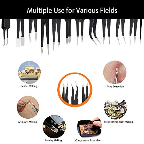 BOENFU Precision Tweezers Kit 12 Pack, Needle Nose, Pointed, Curved, Flat Tip...