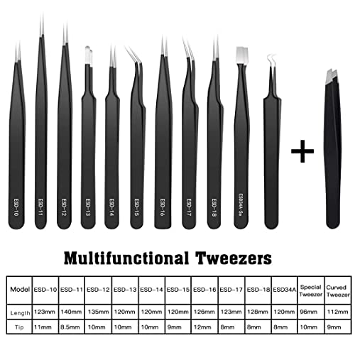 BOENFU Precision Tweezers Kit 12 Pack, Needle Nose, Pointed, Curved, Flat Tip...