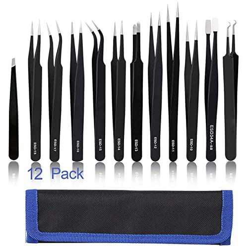 BOENFU Precision Tweezers Kit 12 Pack, Needle Nose, Pointed, Curved, Flat Tip...