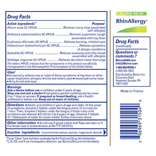 Boiron Rhinallergy Homeopathic Medicine for Allergy Relief, White, No Flavor,...