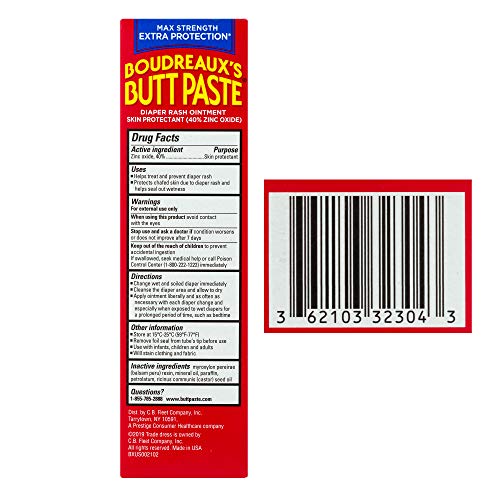 Boudreaux's Butt Paste Diaper Rash Cream, Maximum Strength, 4 Oz Tube