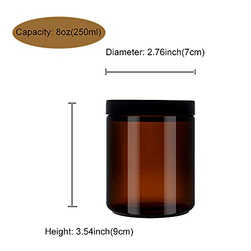BPFY 12 Pack 8 oz Round Amber Glass Cosmetic Jars with Black Lids, Spatula, C...