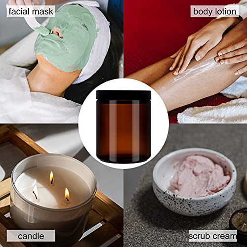 BPFY 12 Pack 8 oz Round Amber Glass Cosmetic Jars with Black Lids, Spatula, C...