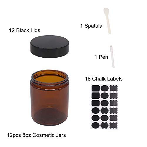 BPFY 12 Pack 8 oz Round Amber Glass Cosmetic Jars with Black Lids, Spatula, C...
