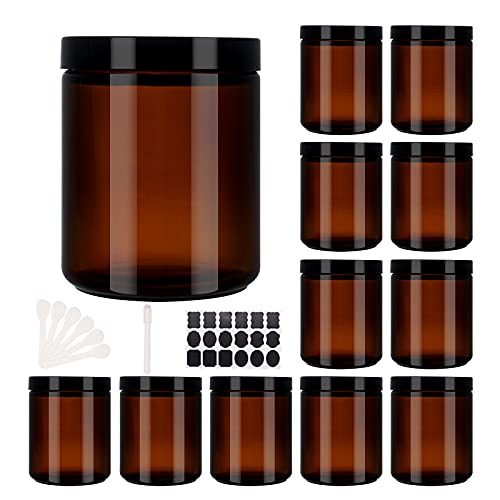 BPFY 12 Pack 8 oz Round Amber Glass Cosmetic Jars with Black Lids, Spatula, C...