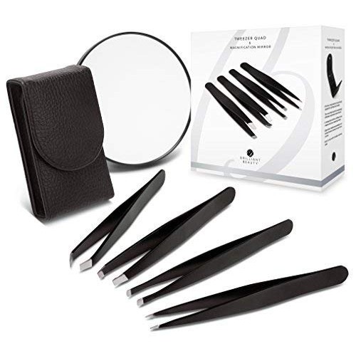 Brilliant Beauty 4-Piece Professional Tweezer Set with Case & Mirror by Preci...