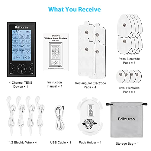 Brilnurse 4 Channels TENS Unit Muscle Stimulator with 16 Electrode Pads, 24 M...