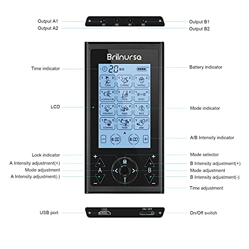 Brilnurse 4 Channels TENS Unit Muscle Stimulator with 16 Electrode Pads, 24 M...