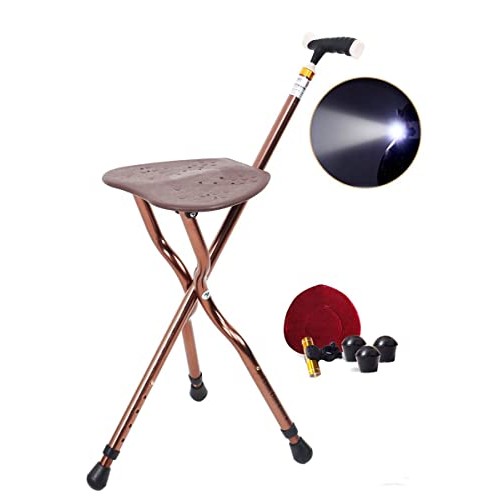 Folding Walking Cane Seat Sturdy Adjustable Height with LED Light Cushion for...