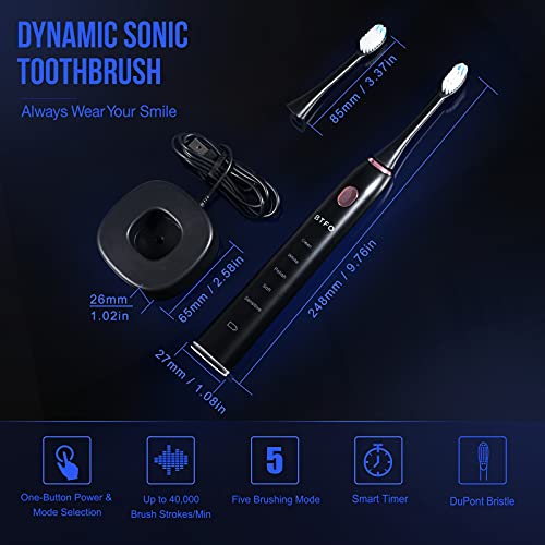 BTFO Sonic Electric Toothbrush with 5 Modes, 2pcs Replacement Brush Heads USB...