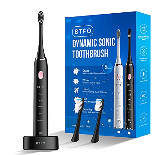 BTFO Sonic Electric Toothbrush with 5 Modes, 2pcs Replacement Brush Heads USB...