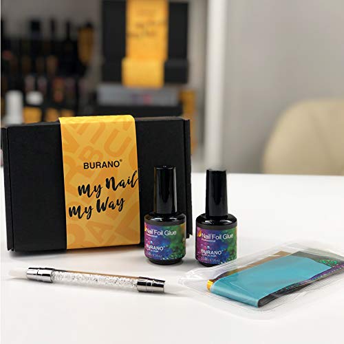 BURANO Nail Art Foil Glue Gel, 15ML 2 Bottles with 60PCS Foils Sticker, Nails...