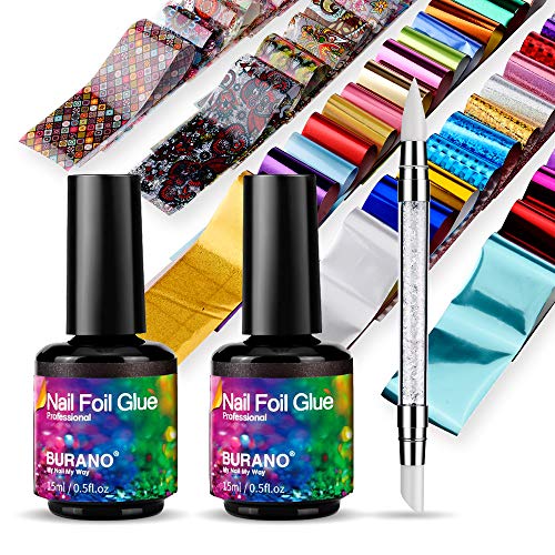 BURANO Nail Art Foil Glue Gel, 15ML 2 Bottles with 60PCS Foils Sticker, Nails...