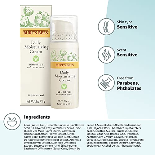 Burt's Bees Daily Face Moisturizer Cream for Sensitive Skin, Fragrance Free L...