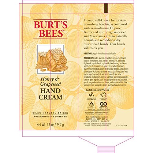 Burt's Bees Hand Cream, (Package May Vary) Honey & Grapeseed Oil 2.6 Ounce