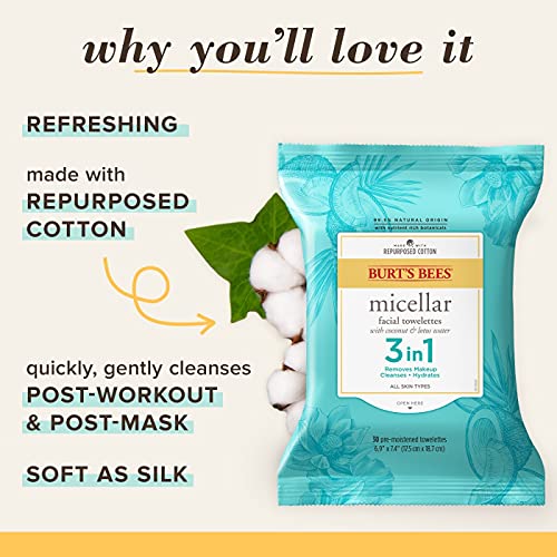 Face Wipes, Burt's Bees Facial Cleansing, Makeup Remover Towelettes, 3 in 1 H...