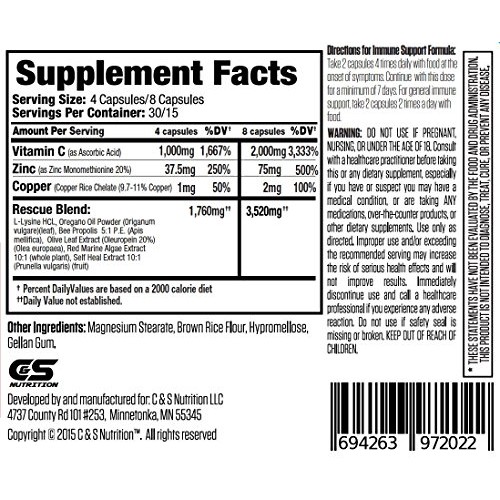 Immune Support Formula (H Rescue Discreet) Immune Support Supplement L Lysine...