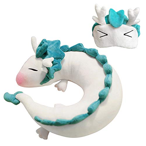 Dragon Neck Pillow Anime Cute U-Shaped Pillow with Eye Mask - Soft Small Whit...