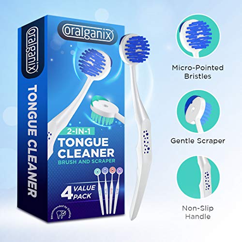 Oralganix 2-in-1 Tongue Cleaner - 4 Pack - Tongue Brush and Scraper (Multicolor)
