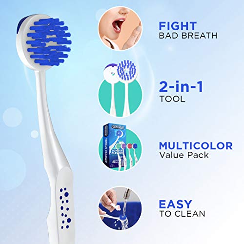 Oralganix 2-in-1 Tongue Cleaner - 4 Pack - Tongue Brush and Scraper (Multicolor)