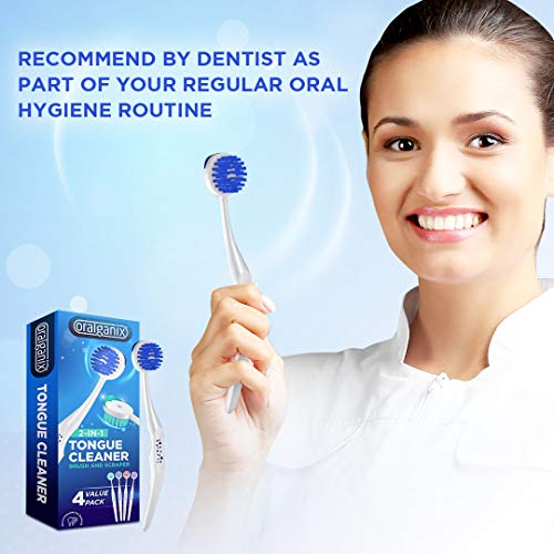 Oralganix 2-in-1 Tongue Cleaner - 4 Pack - Tongue Brush and Scraper (Multicolor)