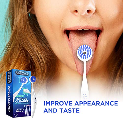 Oralganix 2-in-1 Tongue Cleaner - 4 Pack - Tongue Brush and Scraper (Multicolor)